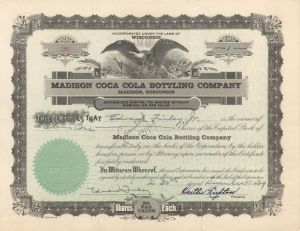 Madison Coca Cola Bottling Co. - 1939 or 1947 dated Stock Certificate
