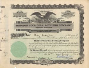 Madison Coca Cola Bottling Co. - 1928 or 1929 dated Stock Certificate