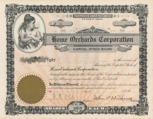 Home Orchards Corp. -  Unissued Stock Certificate