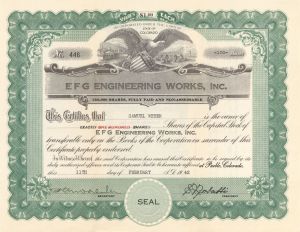 E F G Engineering Works, Inc. - 1942 dated Stock Certificate
