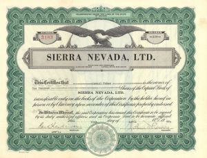 Sierra Nevada, Ltd. - 1942 dated Stock Certificate