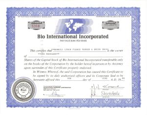 Bio International Inc. - 1988 or 1989 dated Stock Certificate