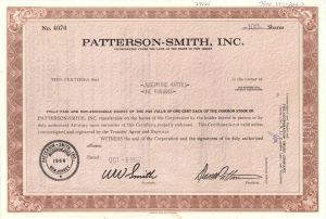 Patterson-Smith, Inc. - 1967-1969 dated Stock Certificate