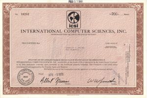 International Computer Sciences, Inc. - 1970-1981 dated Stock Certificate