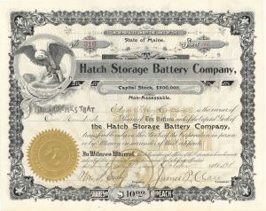 Hatch Storage Battery Co. - 1898 or 1899 dated Stock Certificate