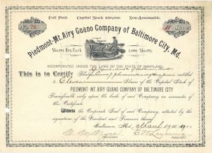 Piedmont-Mt. Airy Guano Company of Baltimore City, Md. - 1900 dated Stock Certificate