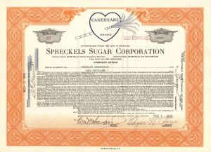 Spreckels Sugar Corp. - 1929 dated Stock Certificate