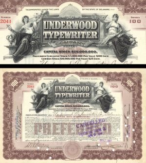 Underwood Typewriter Co. - 1927 dated Stock Certificate