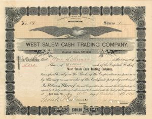 West Salem Cash Trading Co. - 1910 or 1911 dated Stock Certificate