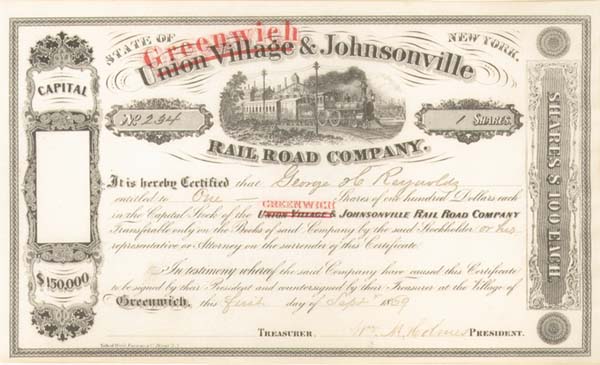 Greenwich and Johnsonville Railroad - Stock Certificate (Uncanceled)