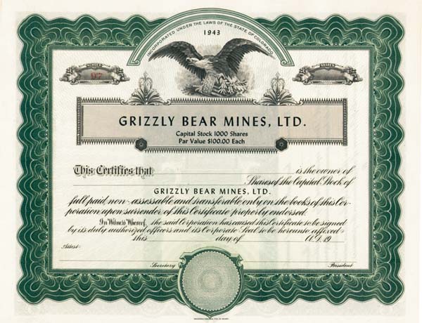 Grizzly Bear Mines, Ltd - Stock Certificate