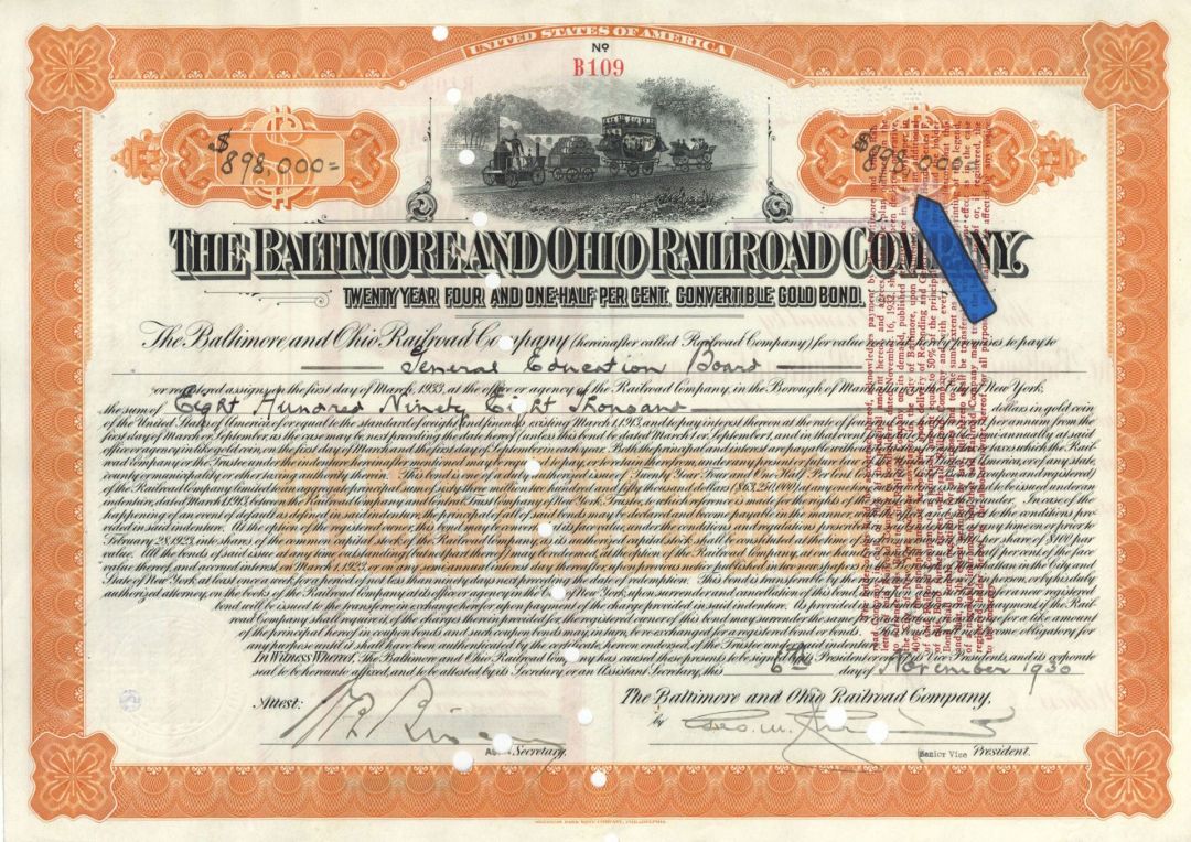 Baltimore and Ohio Railroad Co.  - 1927-1931 dated High Denominations Bond