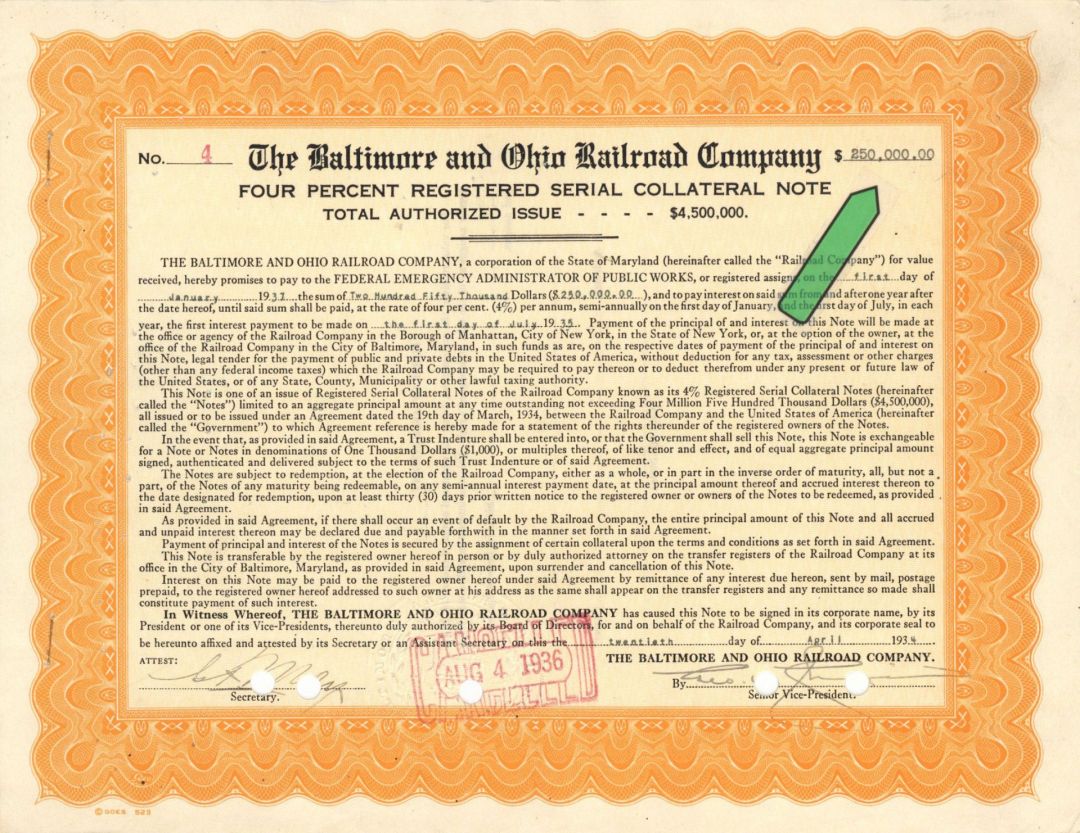 Baltimore and Ohio Railroad Co. - 1934-1936 High Denominations Bond