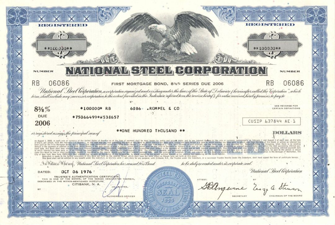 National Steel Corporation - 1976 or 1978 $100,000 Bond