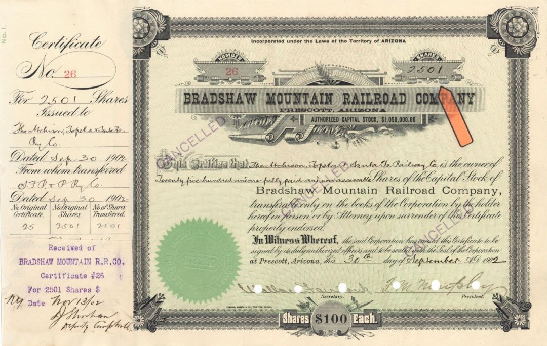 2,501 shares of Bradshaw Mountain Railroad Co. - 1902 dated Arizona Railway Stock Certificate - Branch Line of the Atchison Topeka Santa Fe Railway