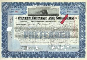 6,000 shares Geneva, Corning and Southern Railroad Co. - 1909 dated High Shares Railway Stock Certificate