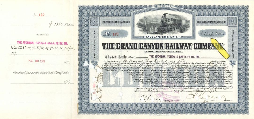 1,350 Shares Grand Canyon Railway Co. - 1908 dated Railroad Stock Certificate - Part of the Atchison, Topeka and Santa Fe Railroad System