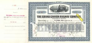 1,350 Shares Grand Canyon Railway Co. - 1908 dated Railroad Stock Certificate - Part of the Atchison, Topeka and Santa Fe Railroad System