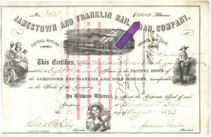 8,000 Shares of Jamestown and Franklin Railroad Co. - 1873 dated High Shares Railway Stock Certificate