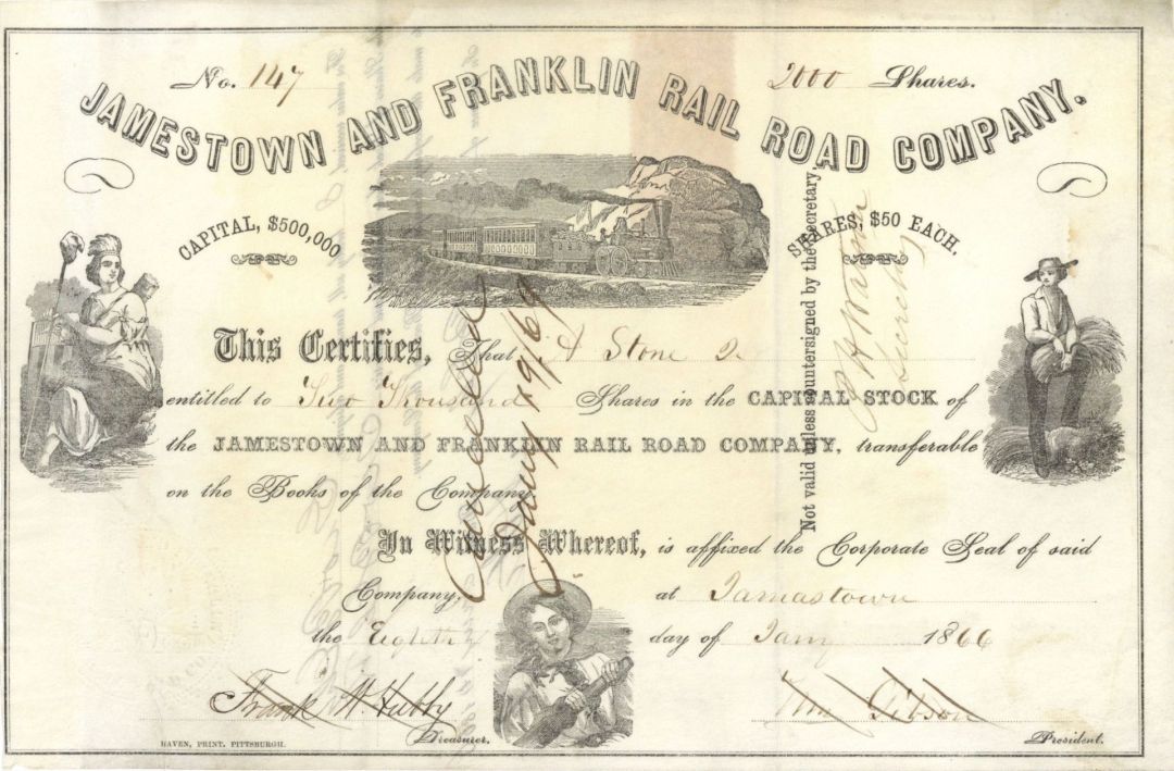 2,000 Shares of Jamestown and Franklin Railroad Co. - 1866 dated Stock Certificate