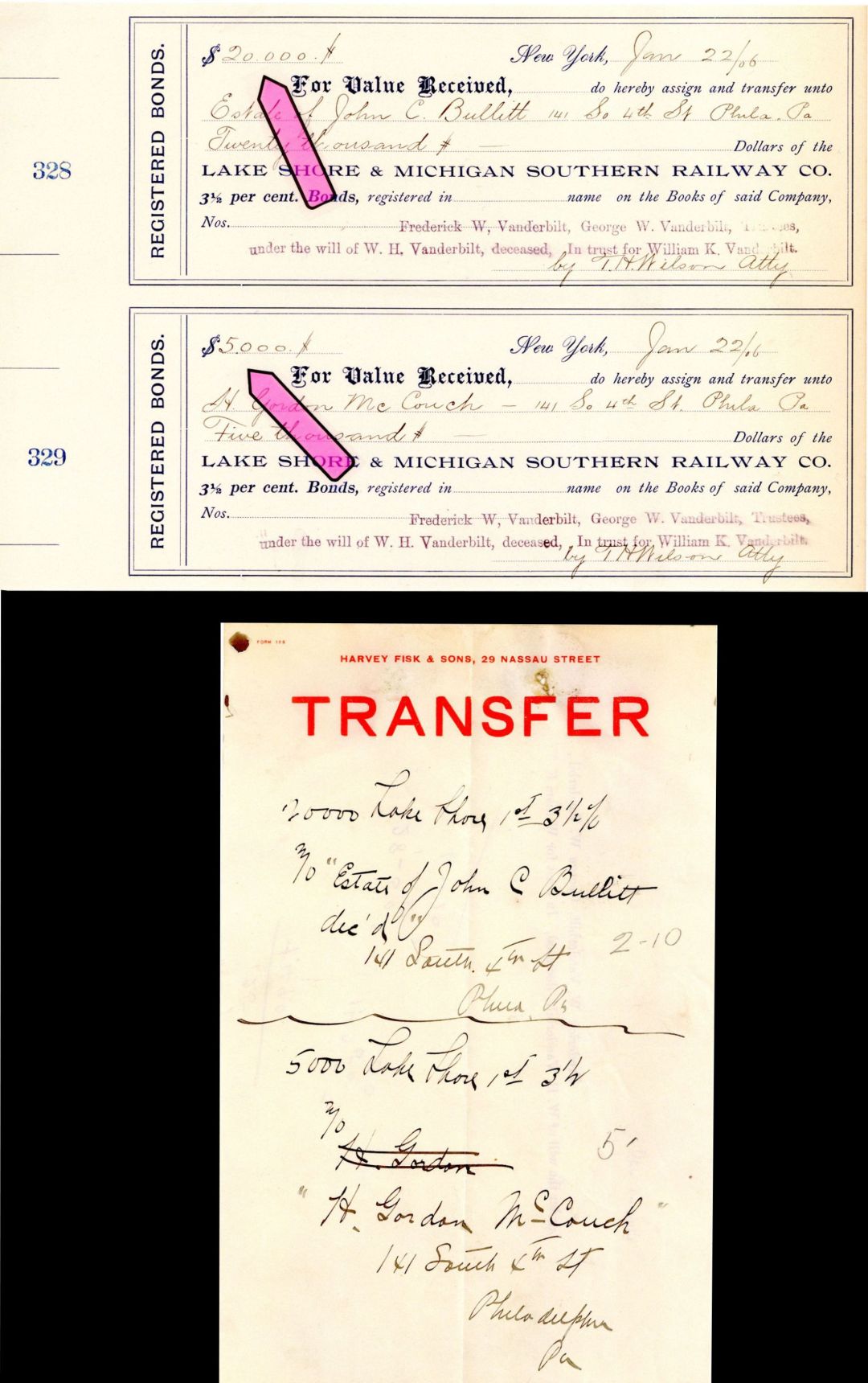 $20,000 and $5,000 Lake Shore and Michigan Southern Railway Co. Uncut Receipt mentioning 2 Vanderbilts! -  1906 dated Stock Transfer and Uncut Receipts
