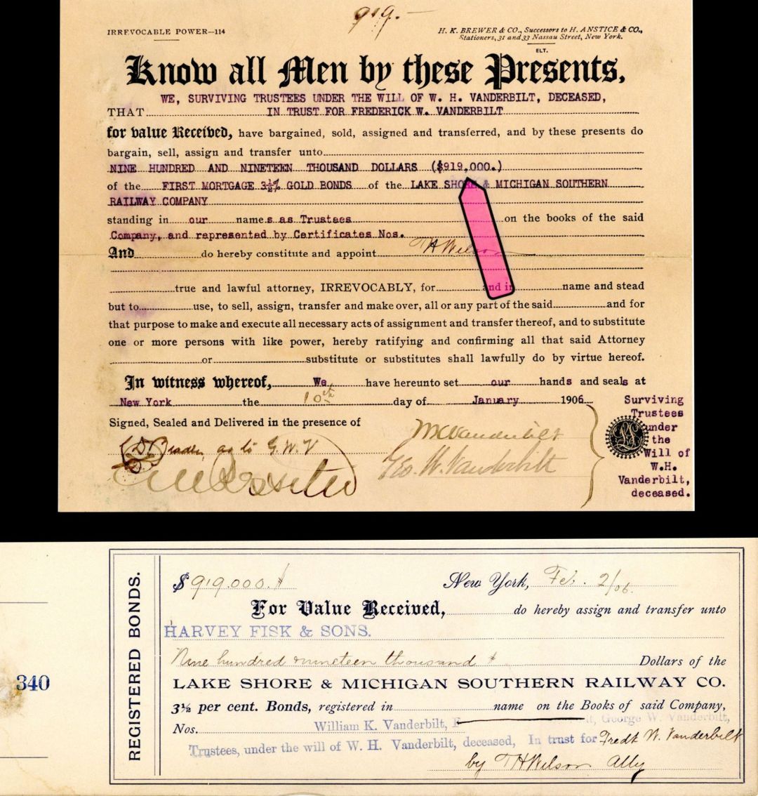 $919,000 Lake Shore and Michigan Southern Railway Co. signed by 2 Vanderbilts! -  1906 dated Stock Transfer and Receipt