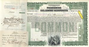 1,000 Shares Pocahontas Fuel Company Inc. - 1921 dated Stock Certificate
