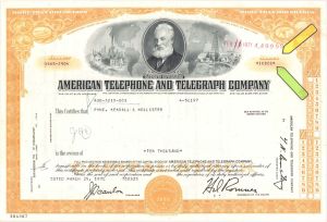 American Telephone and Telegraph Co. - 1970 or 1971 dated High Denomination Stock Certificate