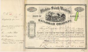 Wichita and South Western Railroad Co. - 1881 dated High Denomination Stock Certificate
