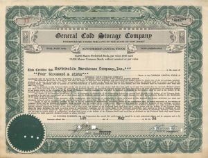 General Cold Storage Co.  - 1934 dated Stock Certificate