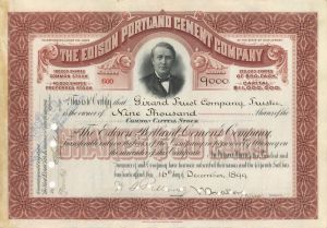 9,000 shares Edison Portland Cement Co. - 1899 dated New Jersey Stock Certificate