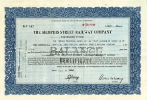 3,499 shares Memphis Street Railway Co. - 1944 dated Stock Certificate