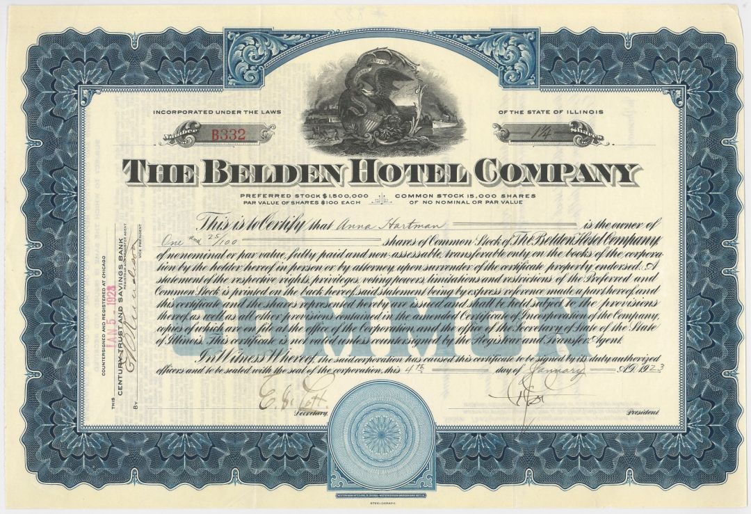 Belden Hotel Co. - Stock Certificate