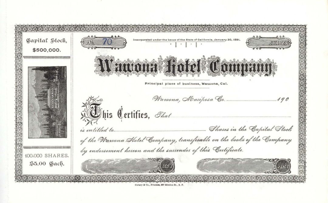 Wawona Hotel Co. - 1900's dated Unissued Hotel Stock Certificate