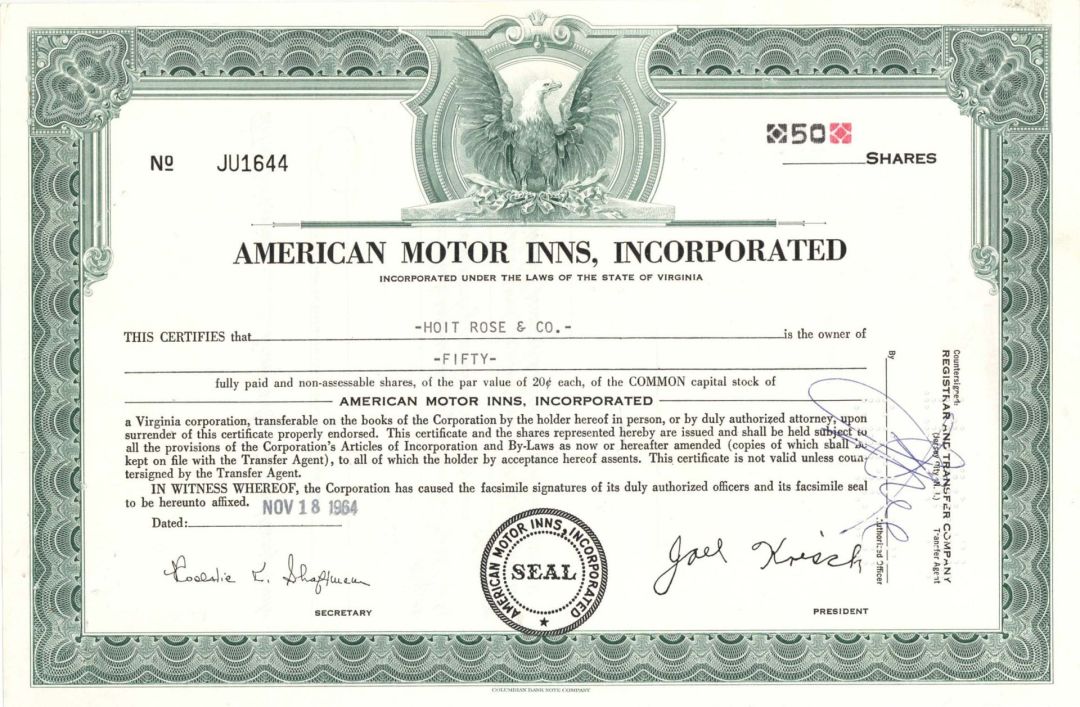 American Motor Inns, Inc. - 1964 dated Stock Certificate