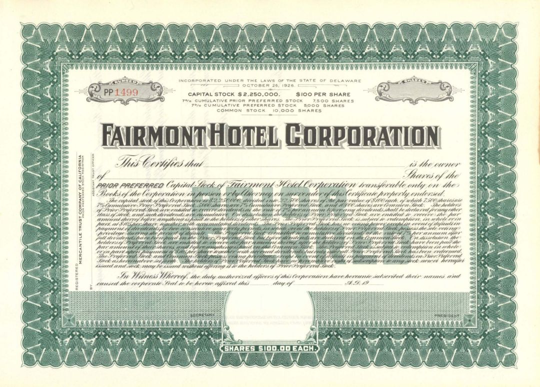 Fairmont Hotel Corp. - Unissued Stock Certificate