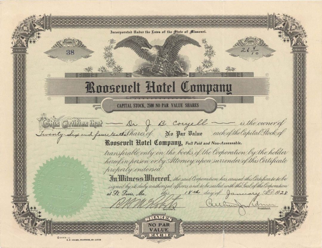 Roosevelt Hotel Co. - 1928 dated Stock Certificate