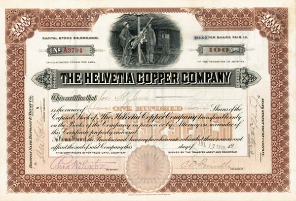 Helvetia Copper Co. - Stock Certificate (Uncanceled)