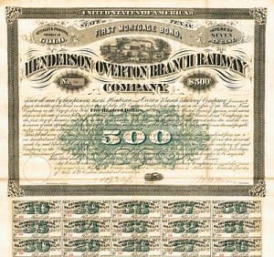 Henderson and Overton Branch Railway - $500 Gold Coin Bond (Uncanceled)