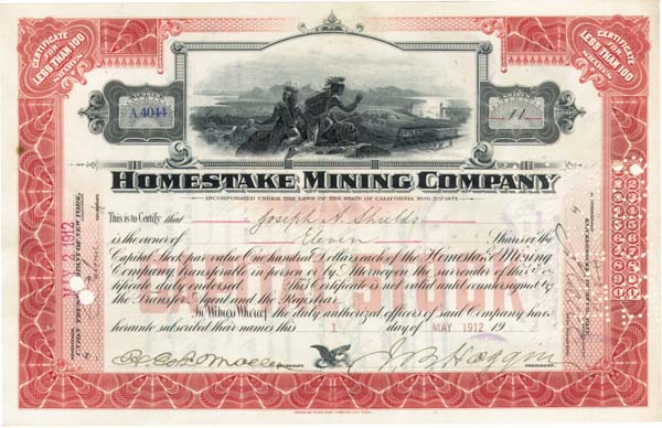 James Ben Ali Haggin - Homestake Mining Co. - Stock Certificate (Uncanceled)