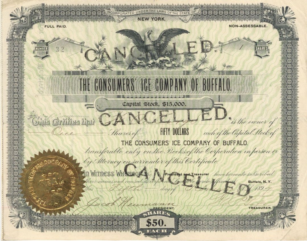 Consumers' Ice Company of Buffalo - 1897 dated New York Ice Stock Certificate