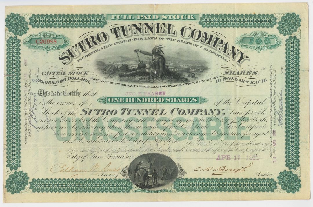 Sutro Tunnel Co. - 1880's dated Stock Certificate - Available in Green, Red or Blue - Please Specify Color