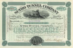 Sutro Tunnel Co. - 1880's dated Stock Certificate