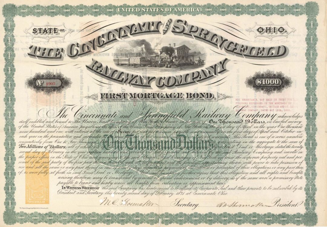 Cincinnati and Springfield Railway Co. - $1,000 1871 dated Railroad Bond