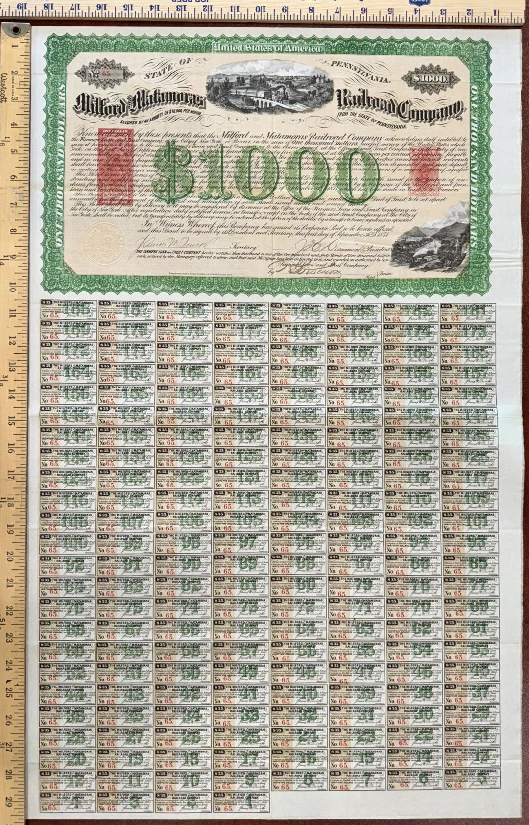 Milford and Matamoras Railroad - 1871 dated Railway Bond with 188 Coupons Attached - Full Coupons