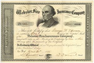 Webster Fire Insurance Co. - Daniel Webster Vignette - 1855 dated New York Insurance Stock Certificate