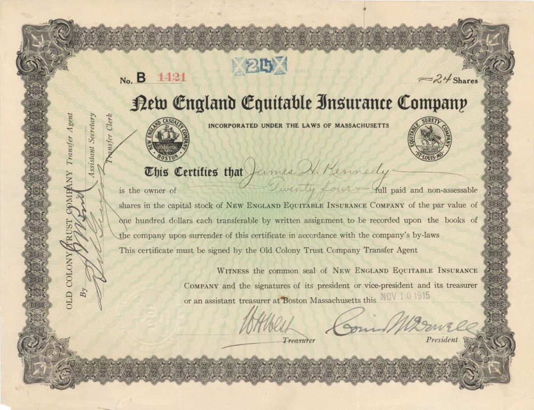 New England Equitable Insurance Co. - 1915 dated Stock Certificate