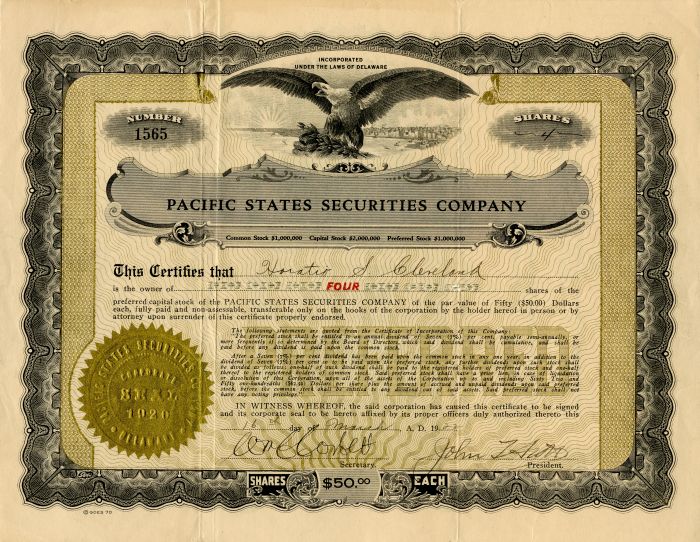 Pacific States Securities Co. - 1922 dated Investment Stock Certificate