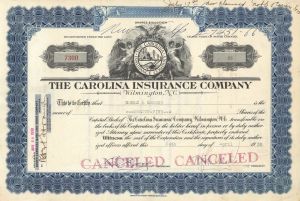 Carolina Insurance Co. - 1930 dated Wilmington, North Carolina Insurance Stock Certificate