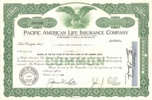 Pacific American Life Insurance Co. - 1968 dated Insurance Stock Certificate